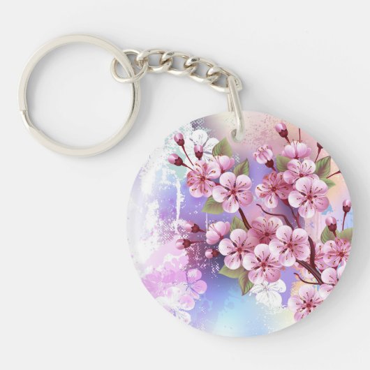 ピンクの桜絵画の背景 キーホルダー (正面)