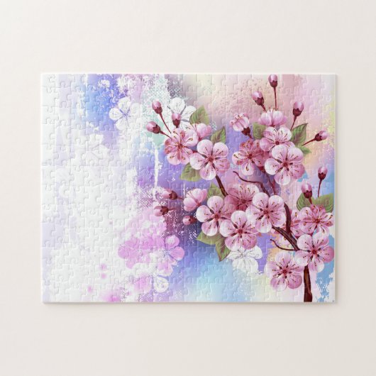 ピンクの桜絵画の背景 ジグソーパズル (横)