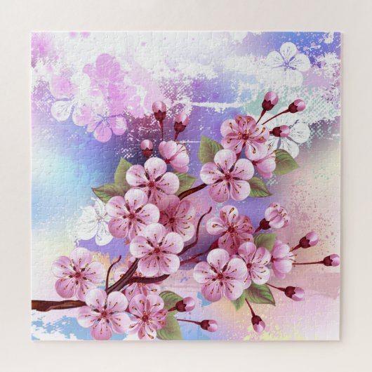 ピンクの桜絵画の背景 ジグソーパズル (横)