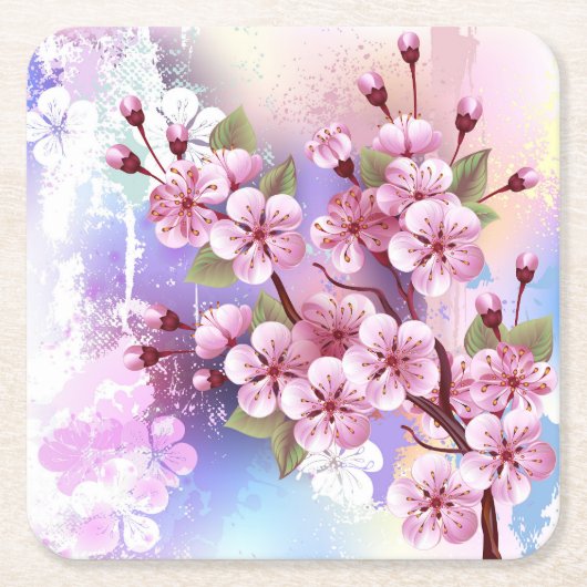 ピンクの桜絵画の背景 スクエアペーパーコースター (正面)