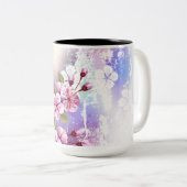 ピンクの桜絵画の背景 ツートーンマグカップ (正面右)