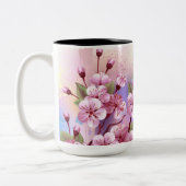 ピンクの桜絵画の背景 ツートーンマグカップ (左)