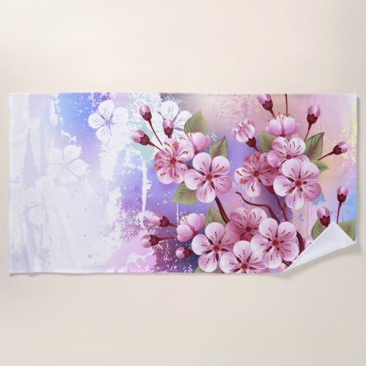 ピンクの桜絵画の背景 ビーチタオル (正面)