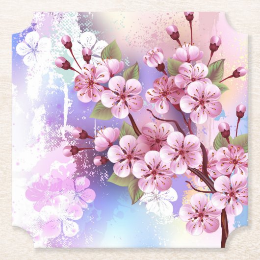ピンクの桜絵画の背景 ペーパーコースター (正面)
