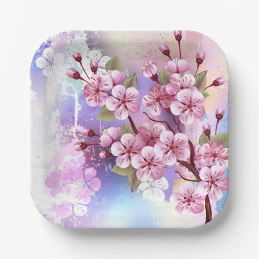 ピンクの桜絵画の背景 ペーパープレート (正面)