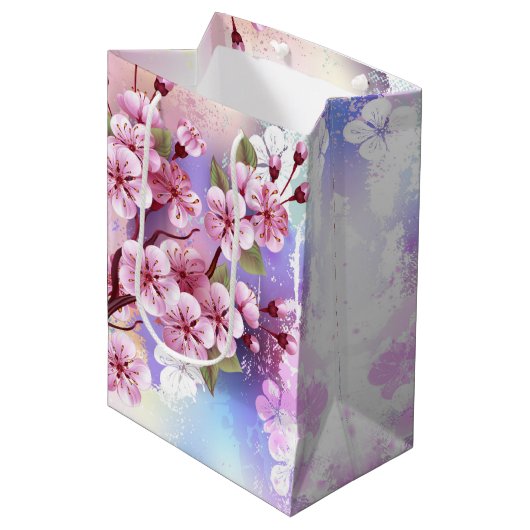 ピンクの桜絵画の背景 ミディアムペーパーバッグ (正面アングル)