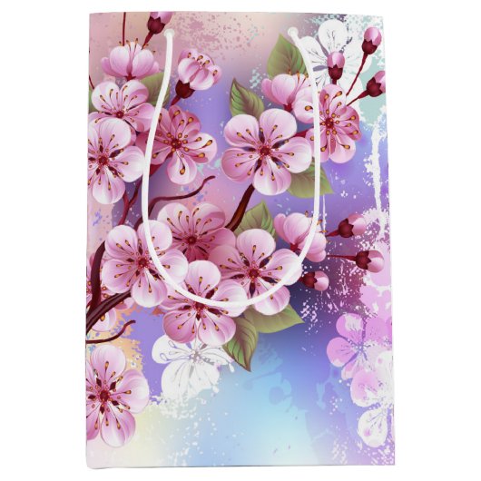 ピンクの桜絵画の背景 ミディアムペーパーバッグ (正面)