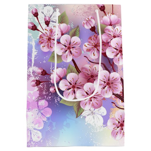 ピンクの桜絵画の背景 ミディアムペーパーバッグ (裏面)