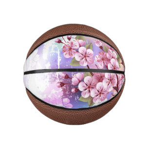 ピンクの桜絵画の背景 ミニバスケットボール