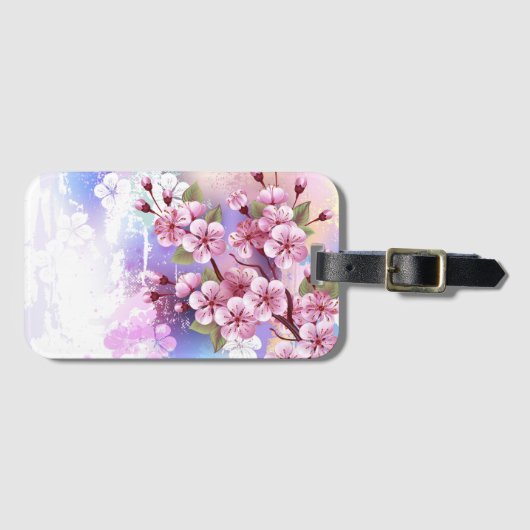 ピンクの桜絵画の背景 ラゲッジタグ (正面横)