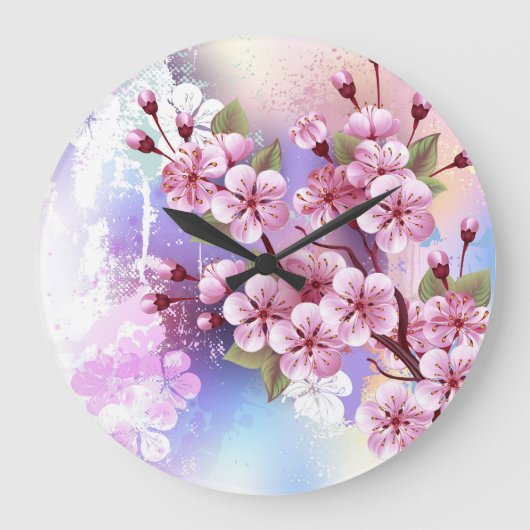ピンクの桜絵画の背景 ラージ壁時計 (正面)