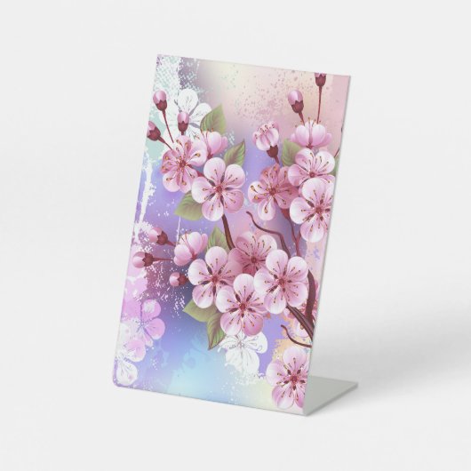 ピンクの桜絵画の背景 台座サイン (正面)