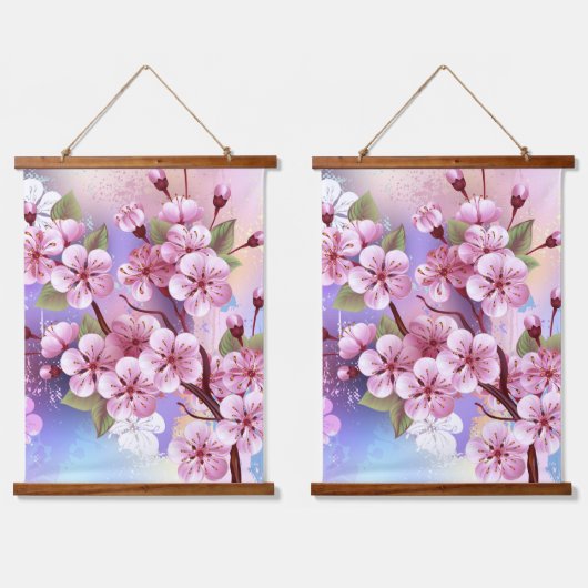 ピンクの桜絵画の背景 吊り下げ型タペストリー (ダブル)