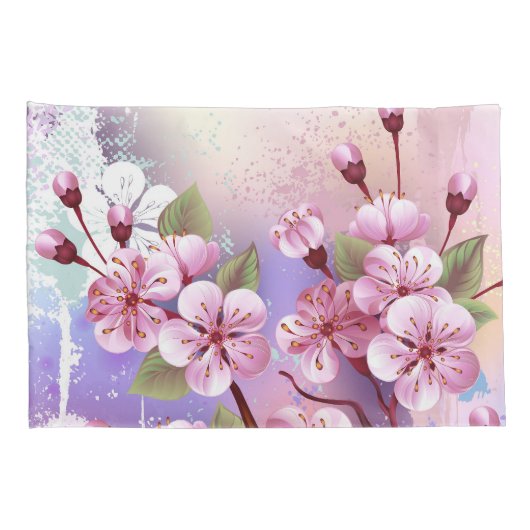 ピンクの桜絵画の背景 枕カバー (裏面-右)