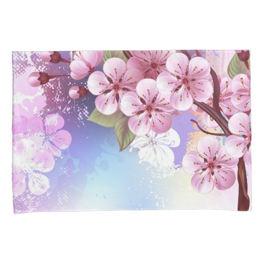 ピンクの桜絵画の背景 枕カバー (正面右)
