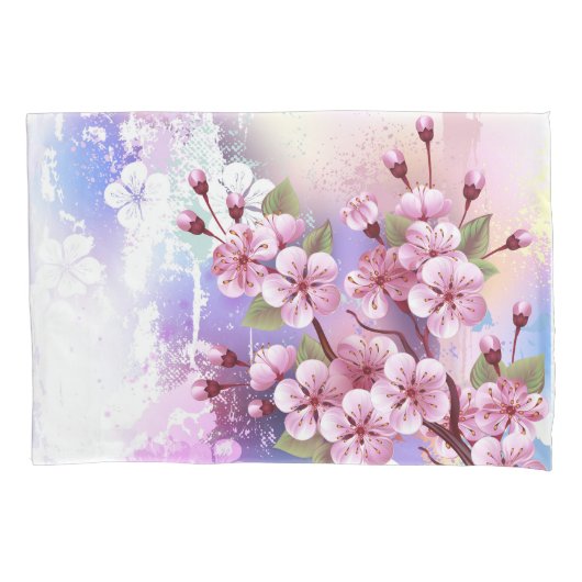 ピンクの桜絵画の背景 枕カバー (正面)