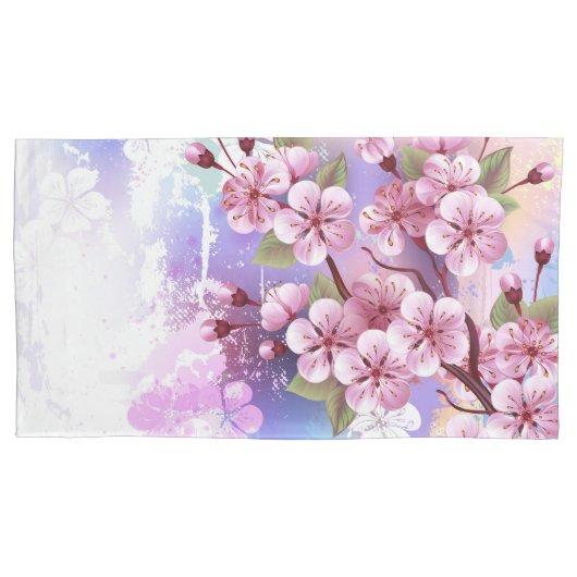 ピンクの桜絵画の背景 枕カバー (正面)
