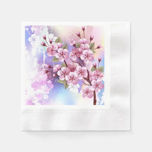 ピンクの桜絵画の背景 縁ありカクテルナプキン (正面)