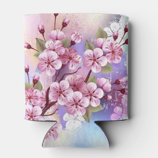 ピンクの桜絵画の背景 缶クーラー (裏面)