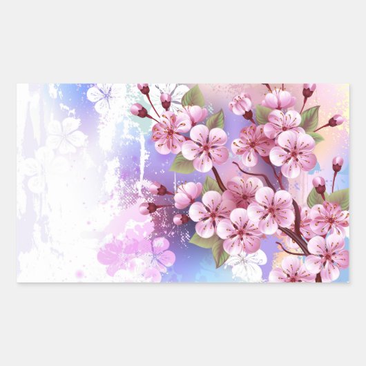 ピンクの桜絵画の背景 長方形シール (正面)