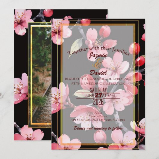 ピンクの桜 ブラック フォト ボックス 招待状 (正面/裏面)