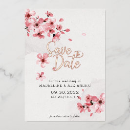 ピンクの桜 ロマンティックな結婚式のSave the date 箔招待状