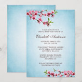 ピンクの桜 ヴィンテージ ブルー ブライダル シャワー 招待状 (正面/裏面)