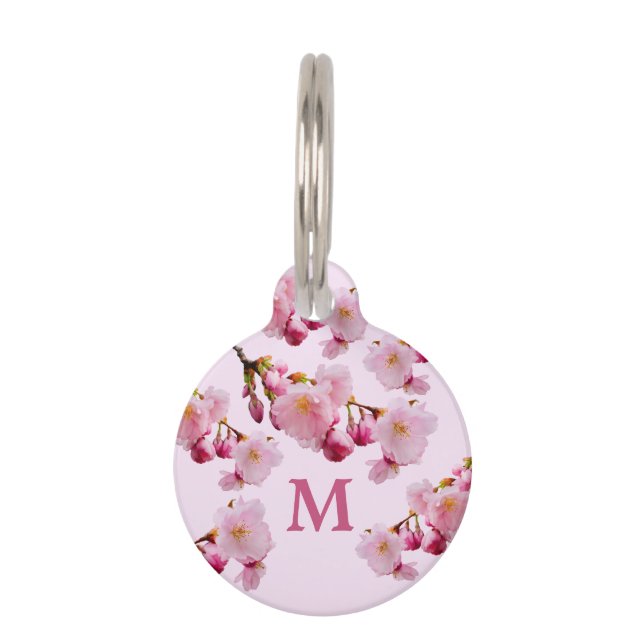 ピンクの桜 春の花 モノグラム ペット　ネームタグ (正面)