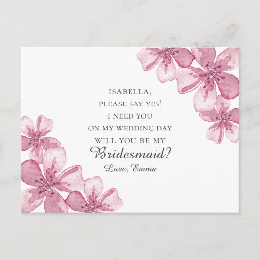 ピンクの桜。私のウェディングパーティに付いてきてくれる? ポストカード (正面)