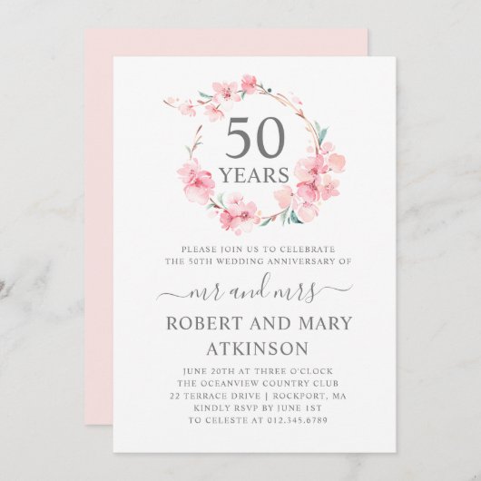 ピンクの桜 50周年結婚記念日 招待状 (正面/裏面)