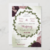 ピンクの梅のバーガンディの花グリーン結婚リース 招待状 (正面)