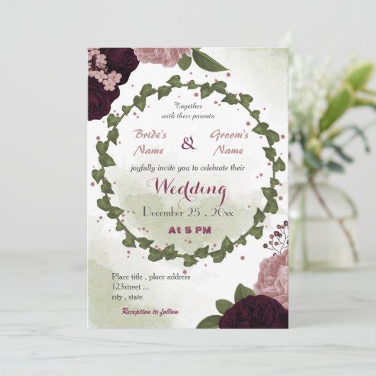 ピンクの梅のバーガンディの花グリーン結婚リース 招待状 (スタンド正面)