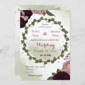 ピンクの梅のバーガンディの花グリーン結婚リース 招待状 (正面/裏面)