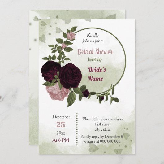 ピンクの梅の燃える花の緑のブライダルシャワー 招待状 (正面/裏面)