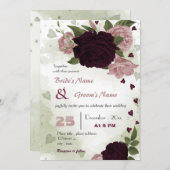 ピンクの梅の燃える花結婚緑 招待状 (正面/裏面)