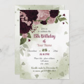 ピンクの梅の花の緑の誕生日パーティー 招待状 (正面/裏面)