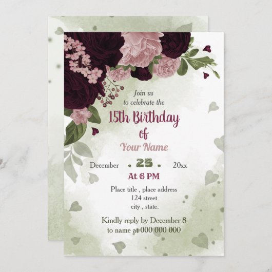 ピンクの梅の花の緑の誕生日パーティー 招待状 (正面/裏面)