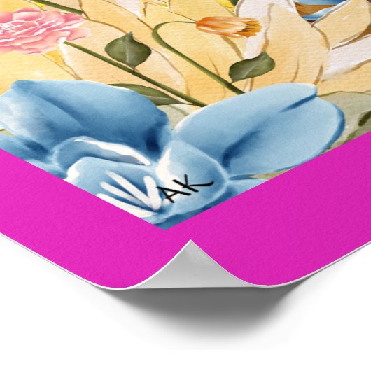 ピンクの梅クジャクとカラフル花 ポスター (角)