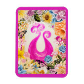 ピンクの梅クジャクとカラフル花 マグネット (縦)