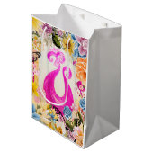 ピンクの梅クジャクとカラフル花 ミディアムペーパーバッグ (正面アングル)