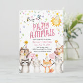 ピンクの森のパーティー動物たち パーティー帽子 誕生日 招待状 (スタンド正面)