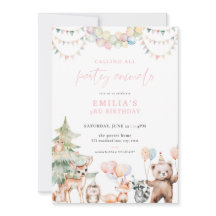 ピンクの森のパーティー動物たち　誕生日パーティー招待状