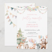 ピンクの森のパーティー動物たち　誕生日パーティー招待状 招待状 (正面/裏面)