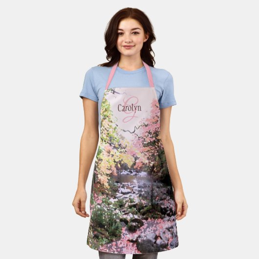 ピンクの森の空きかわいらし地、流れパーソナライズされた、 エプロン (着用した状態)