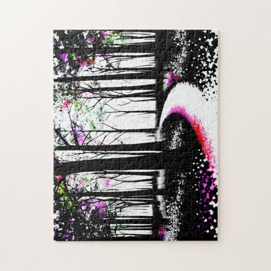 ピンクの森の絵を描パスを持つ白と黒 ジグソーパズル (縦)