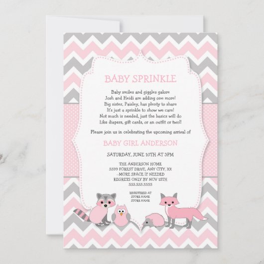 ピンクの森林動物のベビーは、ベビーシャワー振りかけます 招待状 (正面)