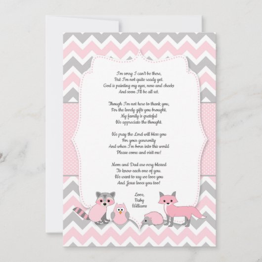 ピンクの森林動物の赤ちゃんシャワーサンキューカード 招待状 (正面)