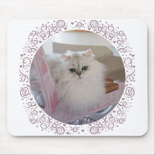 ピンクの椅子に座る白いペルシャ猫 マウスパッド