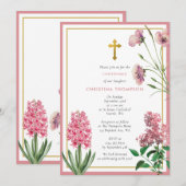 ピンクの植物とゴールドの洗礼 女の子 招待状 (正面/裏面)