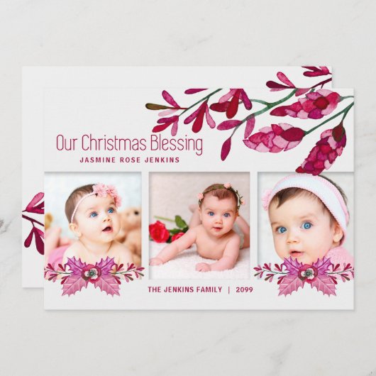 ピンクの植物のクリスマスの祝福 3枚の写真 シーズンカード (正面/裏面)